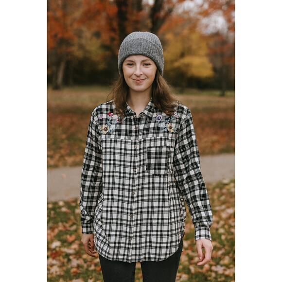 Blair Womens 2XL Plaid Flannel Shirt Floral Embroidered Western Boho Fall Top - Picture 1 of 12